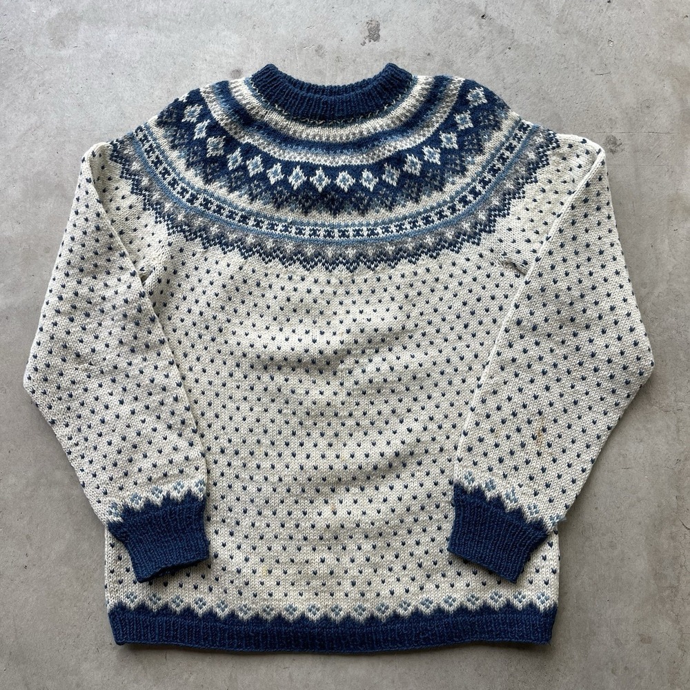Vintage Husfliden Oslo Women's S Blue Wool Sweater Hand Knit Norway Fair Isle